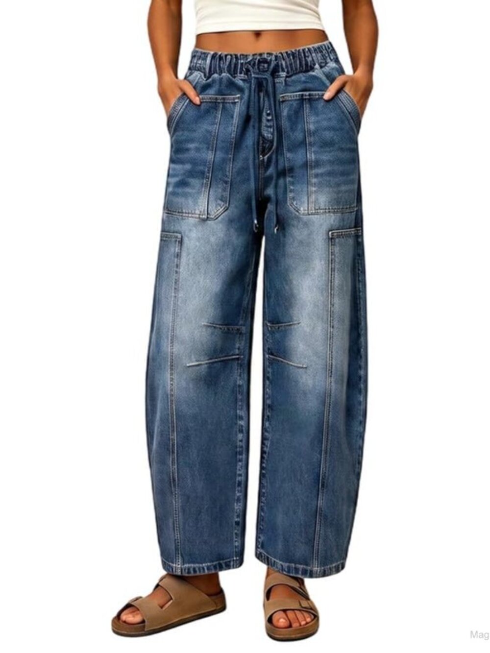 Barrel Jeans Women Elastic Waist Drawstring Baggy Wide Leg Pants